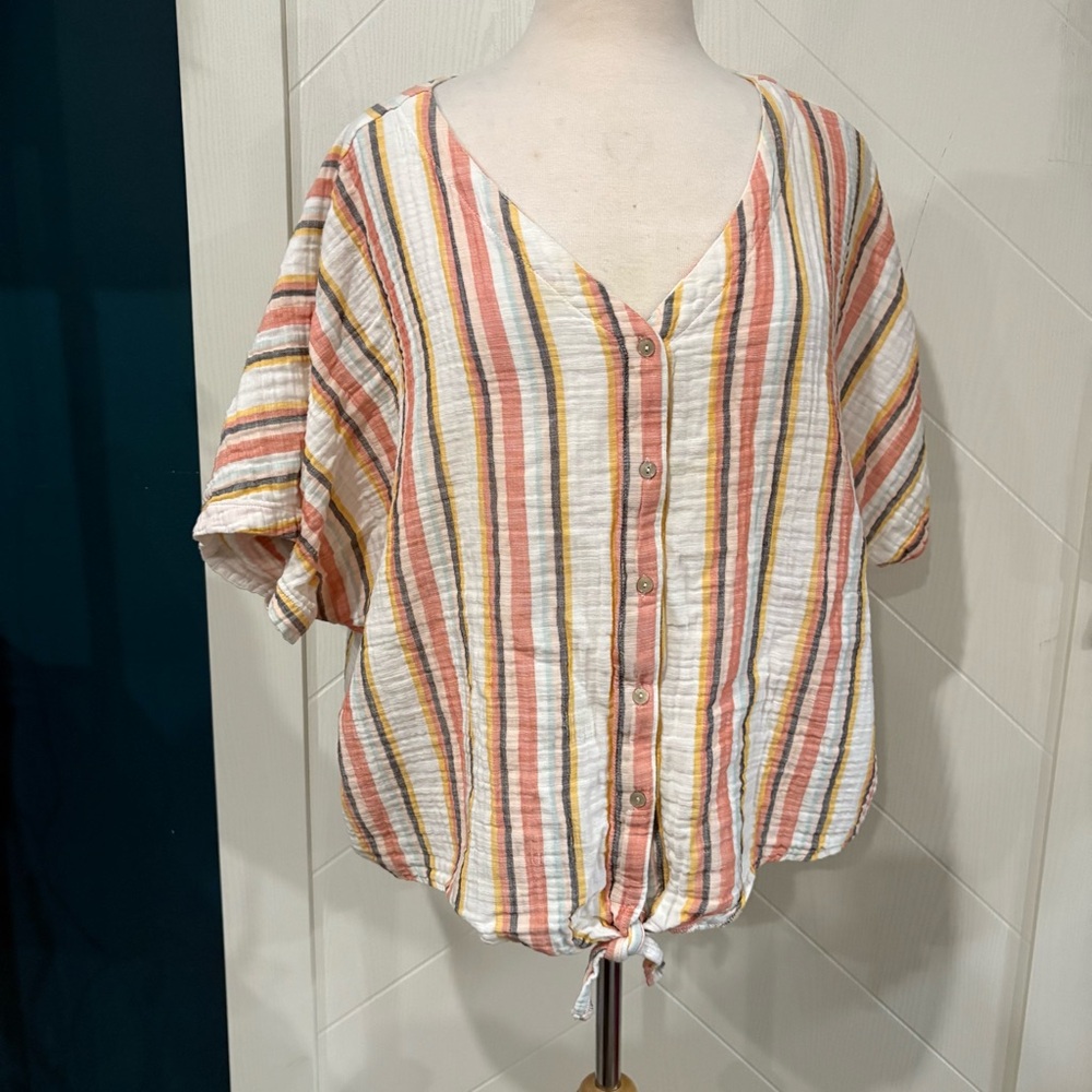 Striped V-Neck Tie-Hem Button-Down Top 💯 Cotton/ Vacation/ Travel /Natural Fibre